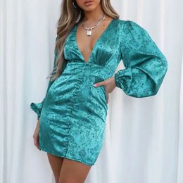 vintage bodycon satin party dress sexy deep v neck button up green mini dress flower print lantern sleeve pink dress 210415