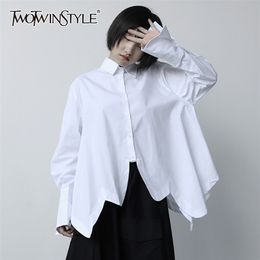 White Irregular Hem Shirt For Women Lapel Long Sleeve Casual Solid Blouse Female Fashion Clothing Spring 210524