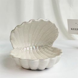 DUNXDECO Home Office Storage key Accessory Mini Holder Fresh Simple Sea Shell Shape Ceramic Ornaments Container Decorating 210924