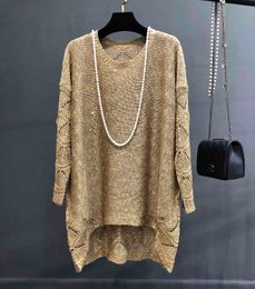 Qooth Shinny Lurex Sweater Women Round Neck Long Jumper Casual Knit Pull Femme Pullover Bling Hollow Out Sequin Sweater QH2175 210518