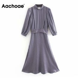 Aachoae Stylish Print Midi Dress Puff Sleeve Elegant Bandage Dress Back Hollow Out Chic Party Dress Vestido De Mujer XS-L 210409