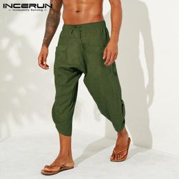 drop crotch pants UK - Men's Pants INCERUN Cotton Linen Men Casual Solid 2021 Loose Joggers Retro Calf Length Trousers Streetwear Drop Crotch Harem Pants1