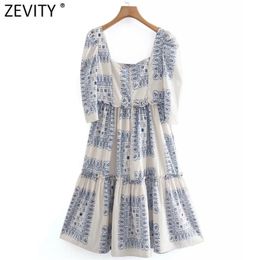 Women Vintage Square Collar Blue White Porcelain Print Pleat Ruffles Midi Dress Female Puff Sleeve Kimono Vestido DS8159 210420