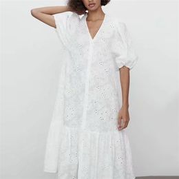 Women Summer Elegant Dress White ZA Hollow Out Embroidery Vintage Female Loose V-Neck Party Dresses Vestidos Clothes 210513