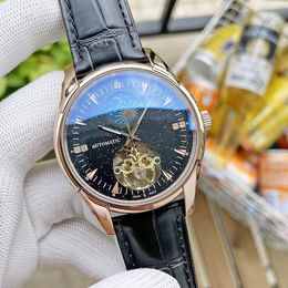 Mens 42mm Watch with Big Wheel Moon Design Watch Leather Strap Automatic Mechanical Sapphire Glasses OMG012