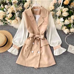 Women Vintage Double Breasted Mini Dress Long Sleeve Notched Collar Elegant Sashes A-line Party es 210601