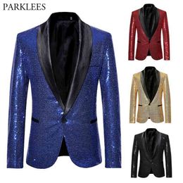 Mens Royal Blue Bling Glitter Embellished Suit Jacket One Button Shawl Collar Nightclub Prom DJ Rock and Roll Costumes Xxl 210522