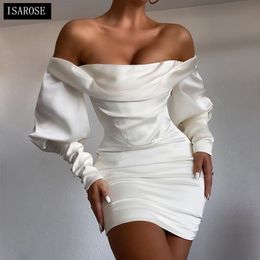 ISAROSE Silk Slim Dress for Women Off-shoulder Puff Sleeves Polyester Boning Bodycon Above Knee Wrapped Buttons White Dresses 210422