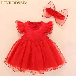 LOVE DD&MM Girls Dresses Summer Baby Girl Sweet Cute Mesh Lace Flying Sleeve Princess Dress + Bow Tie Rope 210715