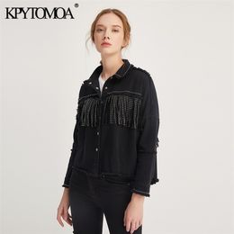 KPYTOMOA Women Fashion Tassel Beaded Oversized Denim Jacket Coat Vintage Long Sleeve Frayed Hem Female Outerwear Chic Tops 211029