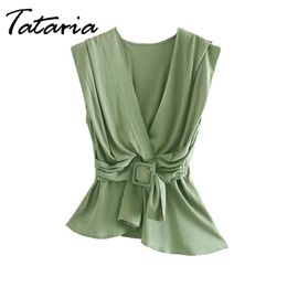 Green Shirts Sleeveless Blouse women's Casual Tank Tops V Neck Irregular Hem Cotton Office Lady Shirt for Women 210514