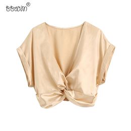 Women Fashion Knot Decoration Satin Cropped Blouses Vintage Short Sleeves Back Elastic Shirts Female Chic Tops 210520