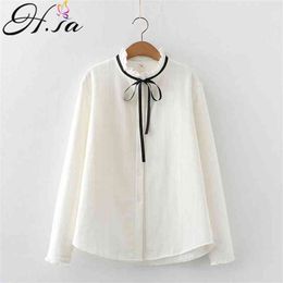 HSA Womens Tops Long Sleeve Spring Winter Ladies Solid Fleeced Loose Boyfriend Style Shirt White Bow Tie Blouses 210417