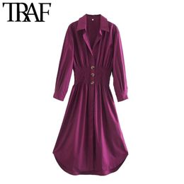 TRAF Women Fashion With Button Pleated Midi Shirt Dress Vintage Three Quarter Sleeve Elastic Waist Female Dresses Mujer 210415