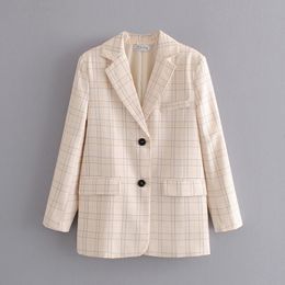 Khaki women plaid blazers fashion ladies vintage notched collar jackets suit elegant female casual blazer girls chic coats 210427