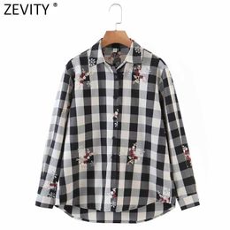 Zevity Women Fashion Floral Embroidery Plaid Print Casual Smock Blouse Female Long Sleeve Shirts Chic Blusas Tops LS7671 210603