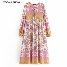 Bohemia Contrast color Location Floral Print BOHO Dress Ethnic Woman Tassel Long Sleeve Holiday Midi Dresses 210429