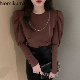 Nomikuma Puff Sleeve T Shirt Women O Neck Slim Basic Tops Female Solid Colour Casual Autumn Tshirts Ladies Ropa Mujer 3d621 210514