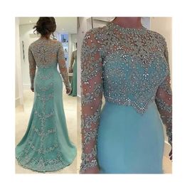 Rhinestones Beaded Appliques Mother of the Bride Dresses Mint Green Mermaid Wedding Dress Sparkly Long Sleeve Formal Party Gowns335i