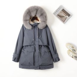 Winter Women Large Real Natural Fur Hooded Jacket Thick Warm White Duck Down Coat Casual Loose Big Pocket Snow Outwear 210423