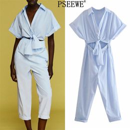 Jumpsuit Woman Summer Blue Knot Cut Out Female Jumpsuit Fashion Short Sleeve Casual Overalls Women Long Jumpsuits 210519