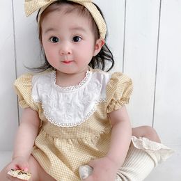 New Born Baby Girl Clothes Summer Fashion Child Lattice cotton bodysuit Toddler Kid Cute Short Sleeve with Ribbon 210413