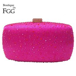 Boutique De FGG Pink Fuchsia Crystal Diamond Women Evening Purse Minaudiere Clutch Bag Bridal Wedding Clutches Chain Handbag 211022