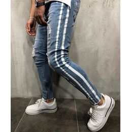 Jeans Men 2020 Brand Stylish Ripped stripe Male Jeans Pants Biker Slim Straight Hip Hop Frayed Denim Trousers New Fashion Skinny X0621