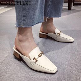 Mules For Women Slippers Female 2021 Arrival Slip On Flat Heel Casual Shoes Wooden Block Summer Buckle Ladies Slides