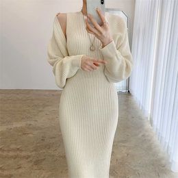 Korean Chic Autumn Temperament Bodycon O Neck Tank Knitted Dress Sexy Solid Loose Crop Sweater Shawl Coat Fashion 2 Piece Sets 211106