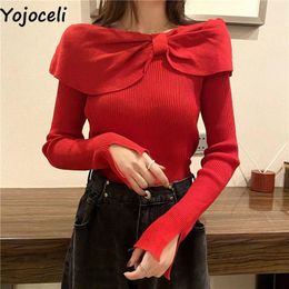 Suéter das mulheres Yojoceli Elegante Bow off ombro de malha Mulheres pulôver outono outono inverno preto feminino camisola jumper sexy fitness básico