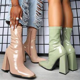 Boots Party Ladies Leather Side Zipper Thick Heel Short Tube Female Platform Shoes Large Size High Women Mid Calf