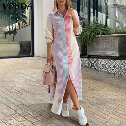 Casual Dresses Printed Striped Dress 2021 VONDA Holiday Long Maxi Women Vintage Lapel Collar Sleeve Vestido Robe Femme