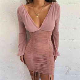 Sexy v neck ruched dress women autumn winter lantern sleeve bodycon backless mesh club party tulle vestidos 210427