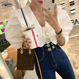 Sweet Peter Pan Collar Ruffled White Shirt Puff Short Sleeve Fashion Tops Korean Women Loose Blouses and Shirts Blusas 14253 210521