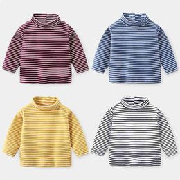 Spring Autumn Winter 2-10 Years Children's Cotton High Neck Long Sleeve Basic Turtleneck Striped T-Shirt For Kids Baby Boy 210414