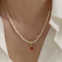 Pendant Necklaces Origin Summer Sweet Fashion Cubic Zircon Red Love Heart Necklace For Women Double-Layer Genuine Pearl Jewellery