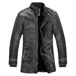 Standing Collar High Quality Leather Jacket For Men Slim Warm Mens Washed Leather Motorcycle Biker Jackets 211009