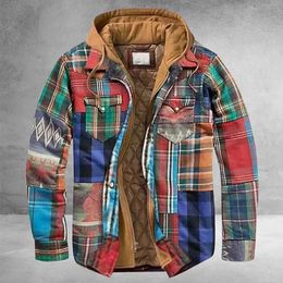 Men Retro Vintage Spring Winter Long Sleeve Plaid Shirt Jacket For Checked Coat Overcoat Hooded Pocket 210909