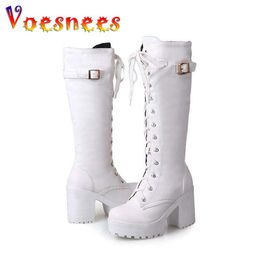 Boots Women's Knee-High PU Leather Lace Up Women Spring Autumn Shoes Fashion Waterproof Platform Long Tube Black White