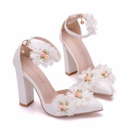 Lace Flower Women Shoes Pointed Strappy Pumps Sexy High Thick Heels Shoes Woman Wedding Shoes Female Lace Up