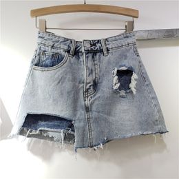 Blue All Match Beach Vintage Irreglar Hole High Waist Half-body A-line Mini Skirt Women Fashion Summer 16F1381 210510