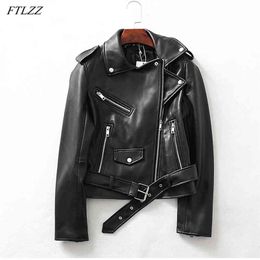 Spring arrival Black Faux Leather Jacket Zipper Moto Biker Belt Outwear Women Lapel Short Soft Pu Coat 210430