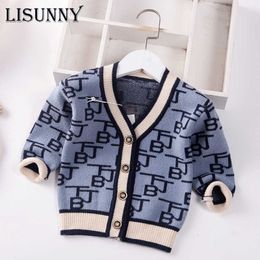 Boy Cardigan Sweater 2021 Spring Autumn Children Knitted Jacket V-Neck Baby Clothes Kids Retro Sweaters Coat Letter Tollder 1-5T Y1024