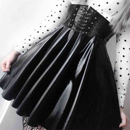 SUCHCUTE Women's Skirts Gothic Harajuku Bandage Faux Leather Korean Fashion Black Mini Pleated Summer Party Pu Saias 210629