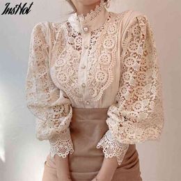 Chic Button Hollow Out Flower Lace Patchwork Shirt Stand Collar All-match Femme Blusas Petal Sleeve Women Blouses 210514