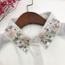 Womens Detachable Blouse False Collar Handmade Beading Rhinestone Sequins Flower Lapel Adjustable Half-shirt Necklace F3md