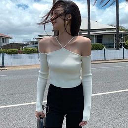 Sweater Mujer Sexy Off Shoulder Slim Knitted Sweaters Long Sleeve Pull Femme Autumn Vintage Chandails White Black Top Women 211018