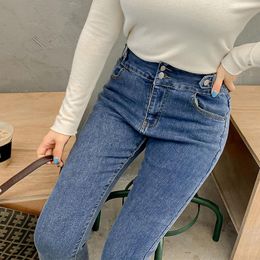 Women's Oversized Stretch Ankle Length Denim Jeans Trousers Mid-Waist Double-Breasted Side Buckle Pants