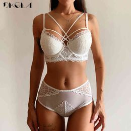 NEW Brand Sexy Underwear Set White Bras Gather Cotton Thick Brassiere Lace Embroidery Lingerie Set Women Deep V Push Up Bra Sets X0526